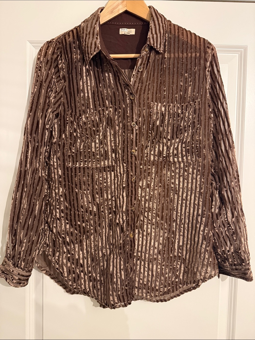 Anthropologie Pilcro Brown Sheer Striped Velvet Button-Down Shirt XS